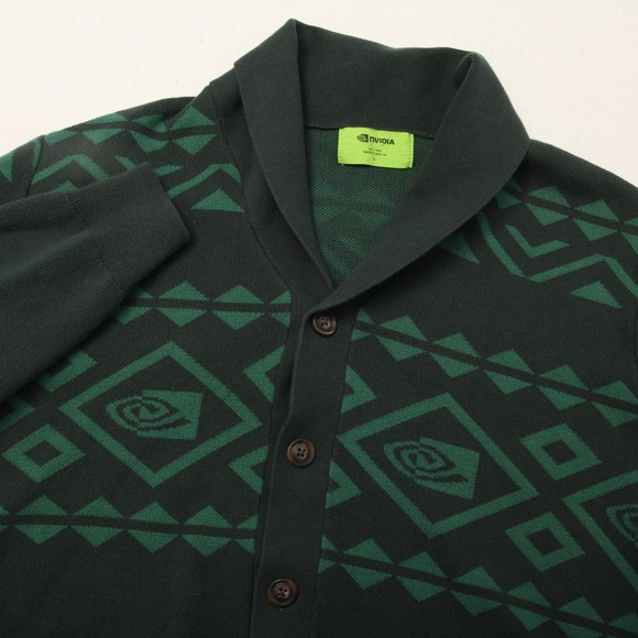 NVIDIA Other - NVIDIA Sweater Mens Large Green Cardigan Shawl Collar Button Geek Nerd Knit
